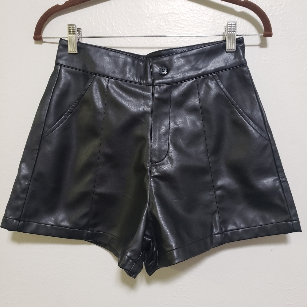 High-Waist Faux Leather Shorts in Black